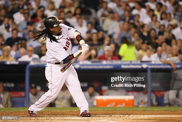 Manny Ramirez of the Boston Red Sox swings during the 79th MLB All-Star Game at the Yankee Stadium in the Bronx, New York on July 15, 2008. The...