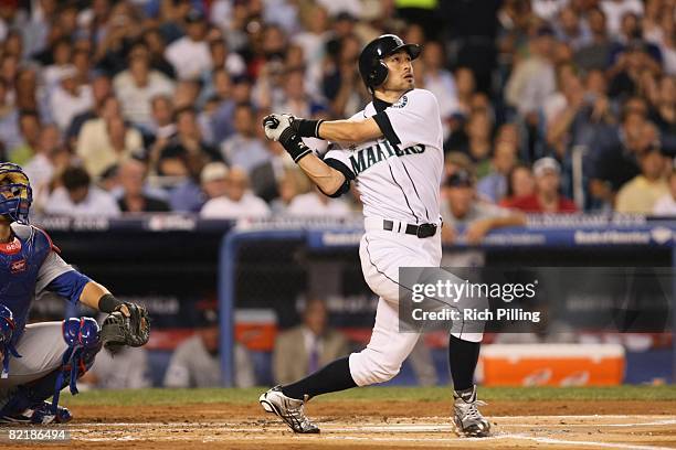 Ichiro Suzuki of the Seattle Mariners hits during the 79th MLB All-Star Game at the Yankee Stadium in the Bronx, New York on July 15, 2008. The...