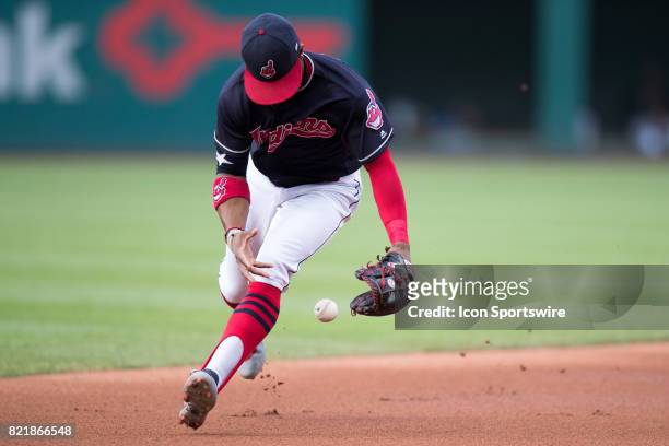 Cleveland Indians shortstop Francisco Lindor cannot come up with the ball hit by Cincinnati Reds center fielder Billy Hamilton that went for an...