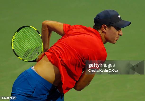 Ernesto Escobedo serves to Jared Donaldson during the BB&T Atlanta Open at Atlantic Station on July 24, 2017 in Atlanta, Georgia.