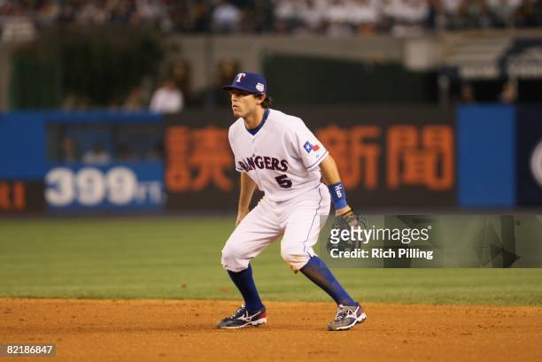 Ian Kinsler of the Texas Rangers fields during the 79th MLB All-Star Game at the Yankee Stadium in the Bronx, New York on July 15, 2008. The American...
