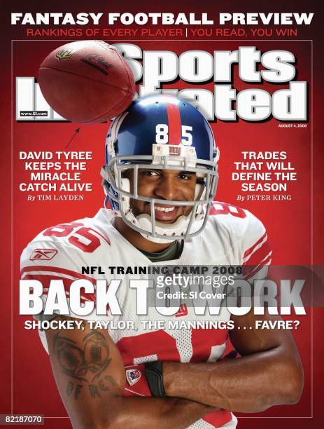 August 4, 2008 Sports Illustrated via Getty Images Cover: Football: Closeup portrait of New York Giants David Tyree with football stuck on his...