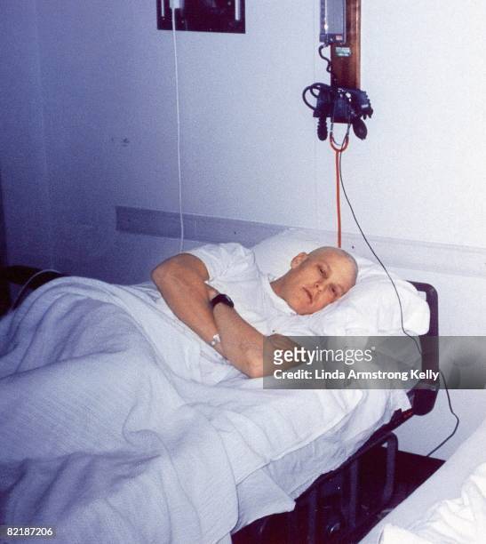 Portrait of Lance Armstrong at Indiana University School of Medicine Hospital lying in hospital bed during treatment for testicular cancer....