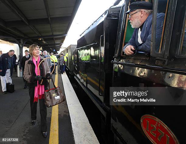 Kerry Prendergast ,mayor of Wellington, hands the tablet over to the Locomotive driver during the Parliamentary train special from Wellington to...