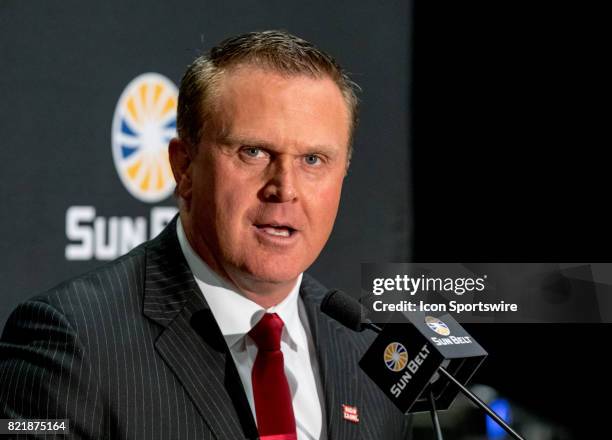 Louisiana-Lafayette head coach Mark Hudspeth interacts with media during the Sun Belt Media Day on July 24, 2017 at the Mercedes-Benz Superdome on