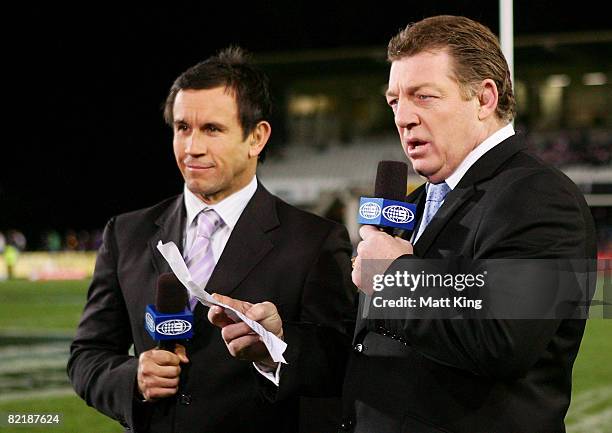 Channel Nine TV personalities Matthew Johns and Phil Gould broadcast prior to the round 21 NRL match between the Manly Warringah Sea Eagles and the...