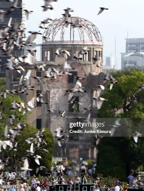 Doves are released as a sign of peace during the Hiroshima Peace Memorial Ceremony at the Hiroshima Peace Memorial Park on August 6, 2008 in...