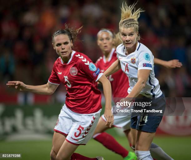 Ada Hegerberg of Norway, Simone Boye Sorensen of Denmark during the UEFA Womens«s Euro between Norway v Denmark at Stadion De Adelaarshorst on July...