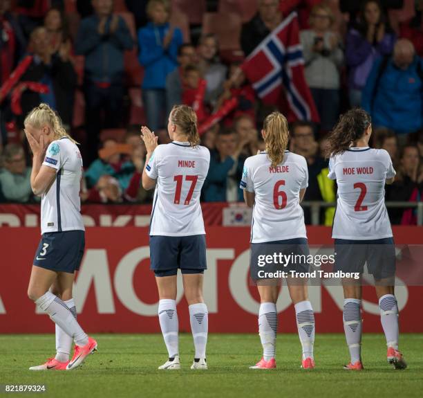 Maria Thorisdottir, Kristine Minde, Maren Mjelde, Ingrid Moe Wold of Norway after the UEFA Womens«s Euro between Norway v Denmark at Stadion De...