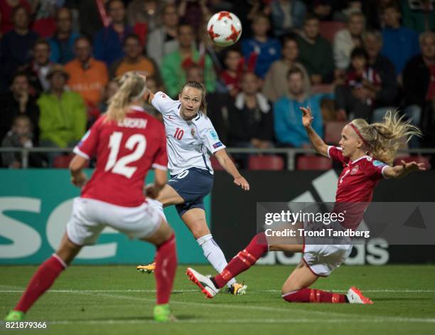 Caroline Graham Hansen of Norway, Stine Larsen, Line Roddik Hansen of Denmark during the UEFA Womens«s Euro between Norway v Denmark at Stadion De...