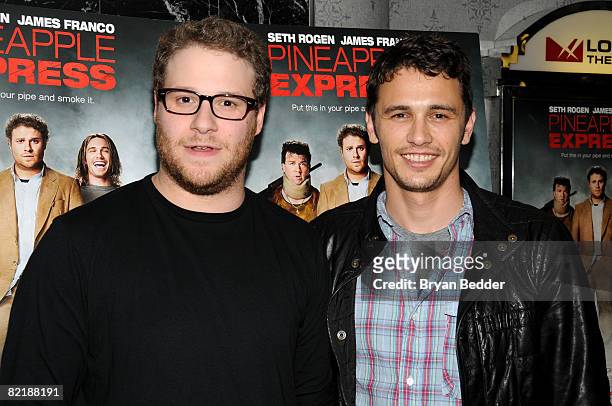 Actors Seth Rogen and James Franco arrive at the Columbia Pictures screening of "Pineapple Express" presented by Three Olives at the AMC Loews 19th...