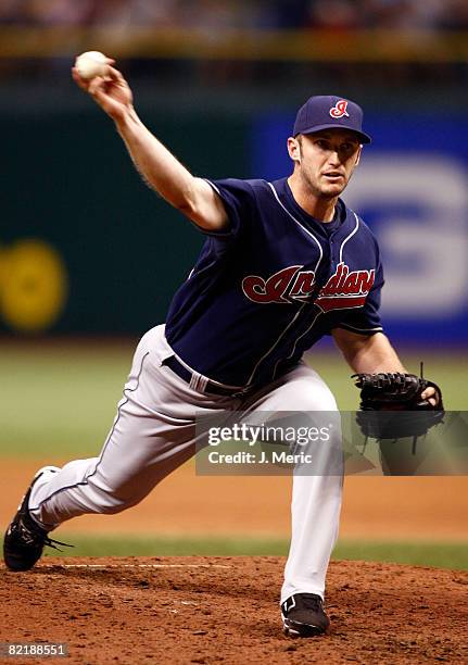 Relief pitcher Jensen Lewis of the Cleveland Indians pitches against the Tampa Bay Rays during the game on August 5, 2008 at Tropicana Field in St....