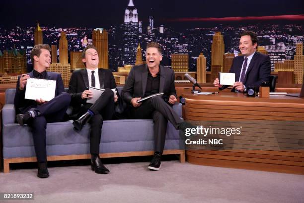 Episode 0710 -- Pictured: Matthew Lowe, John Owen Lowe and Actor Rob Lowe play "Best Son Challenge" with host Jimmy Fallon on July 24, 2017 --