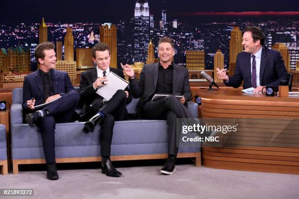 Episode 0710 -- Pictured: Matthew Lowe, John Owen Lowe and Actor Rob Lowe play "Best Son Challenge" with host Jimmy Fallon on July 24, 2017 --