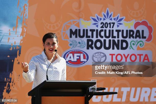 Jamila Rizvi speaks during the AFL Multicultural Round Media Launch at Lachlan's Old Government House on July 25, 2017 in Sydney, Australia.