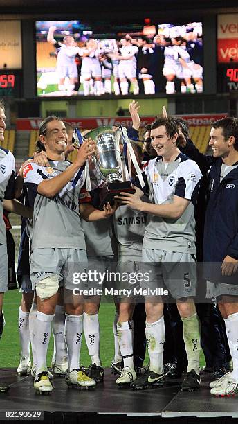 Rodrigo Vargas captain and Sebastian Ryall of the Victory celebrate their win during the 2008 A-League Pre-Season Cup match between the Wellington...