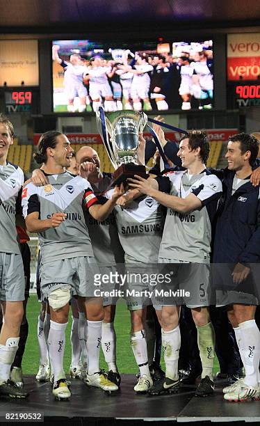 Rodrigo Vargas captain and Sebastian Ryall of the Victory celebrate their win during the 2008 A-League Pre-Season Cup match between the Wellington...