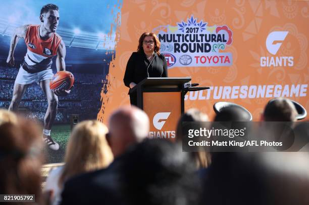 General Manager Inclusion and Social Policy Tanya Hosch speaks during the AFL Multicultural Round Media Launch at Lachlan's Old Government House on...