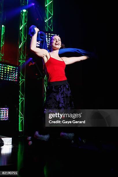 Actress Jolene Anderson performs onstage during a dress rehearsal for the opening night of "Tell Me On A Sunday" at the Glen Street Theatre on August...