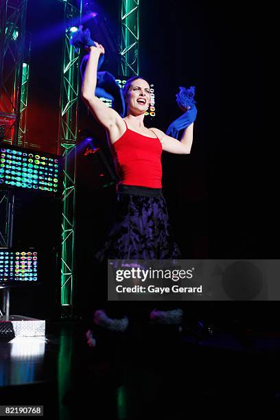 Actress Jolene Anderson performs onstage during a dress rehearsal for the opening night of "Tell Me On A Sunday" at the Glen Street Theatre on August...