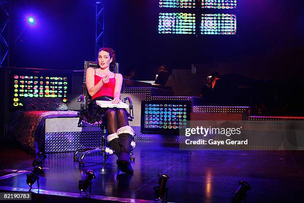 Actress Jolene Anderson performs onstage during a dress rehearsal for the opening night of "Tell Me On A Sunday" at the Glen Street Theatre on August...