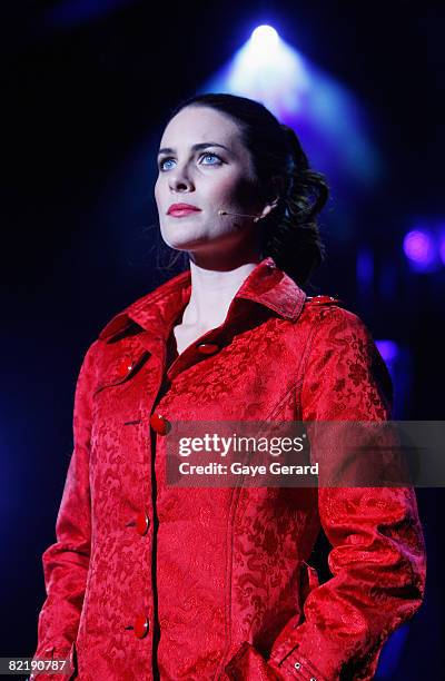 Actress Jolene Anderson performs onstage during a dress rehearsal for the opening night of "Tell Me On A Sunday" at the Glen Street Theatre on August...