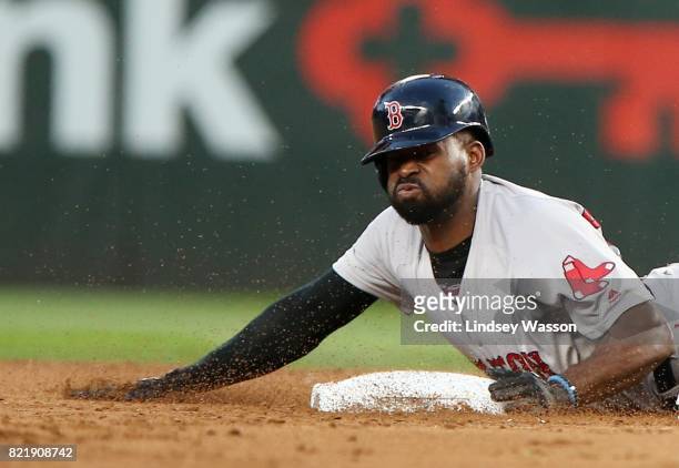 Jackie Bradley Jr. #19 of the Boston Red Sox safely steals second base in the fifth inning after a wild pitch by James Paxton of the Seattle Mariners...