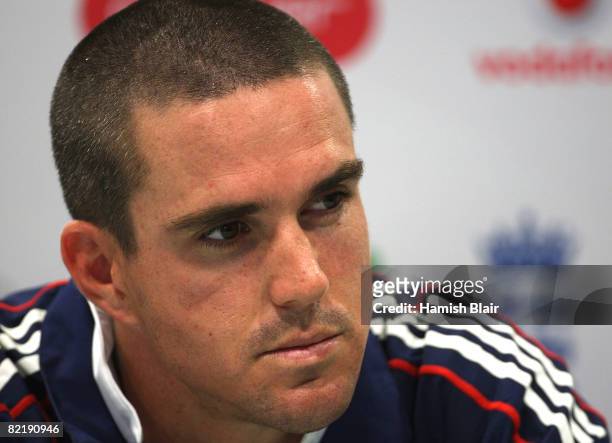 Kevin Pietersen, newly appointed captain of England, faces the media in a press conference after nets at at The Brit Oval on August 6, 2008 in...