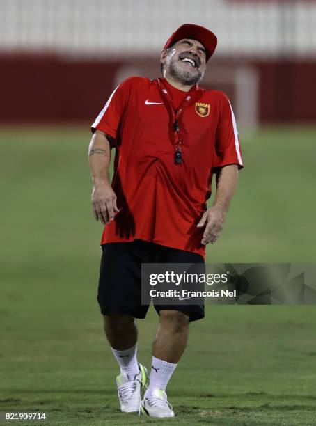 Diego Maradona, the new head coach of Fujairah FC reacts during a training session at Fujairah Stadium on July 24, 2017 in Fujairah, United Arab...