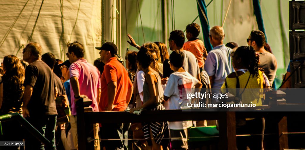 Opening of Ilhabela Sailing week when the parade of sailboats happens in front of the píer da vila in Ilhabela, Brazil