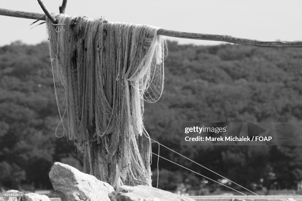 Close-up of fishing net on wood