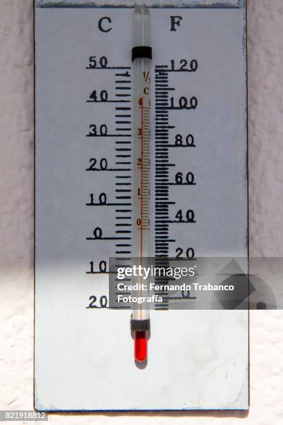 thermometer with 40 degrees of temperature a very hot day - warmteregulatie stockfoto's en -beelden