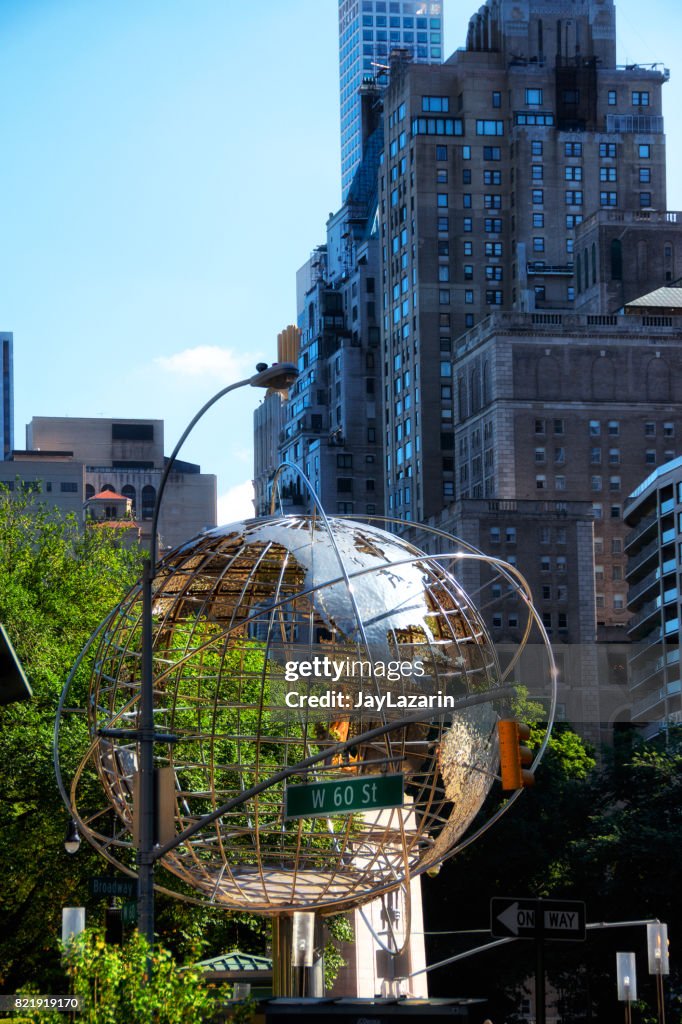 Cityscape at Columbus Circle with globe structure, Manhattan, New York City, USA