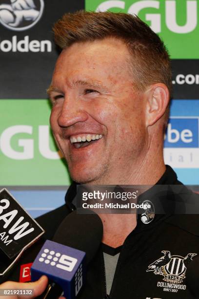 Magpies head coach Nathan Buckley reacts when speaking during a Collingwood Magpies AFL media opportunity at the Holden Centre on July 25, 2017 in...