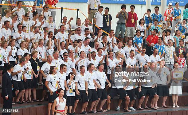 Members of the New Zealand Olympic team perform the Haka at the flag raising ceremony ahead of the Beijing 2008 Olympics at the Olympic Village on...