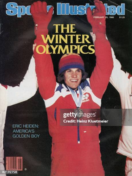 February 25, 1980 Sports Illustrated via Getty Images Cover: Speed Skating: 1980 Winter Olympics: Closeup of USA Eric Heiden victorious with gold...