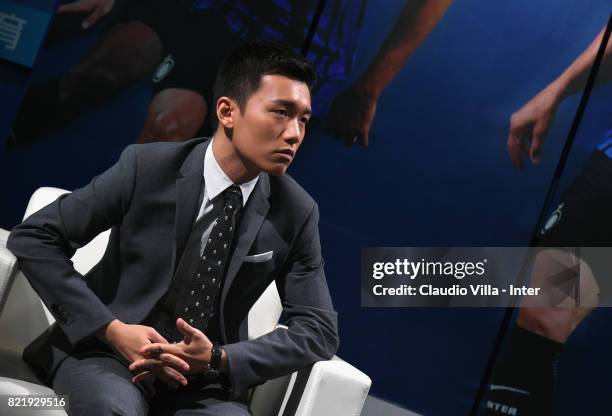 Internazionale Milano board member Steven Zhang Kangyang speaks with the media during a press conference at Suning Jiangsu Training Center on July...