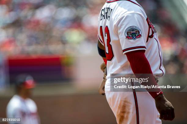 Adonis Garcia of the Atlanta Braves fields against the San Diego Padres at SunTrust Park on April 16, 2017 in Atlanta, Georgia. The Braves won the...