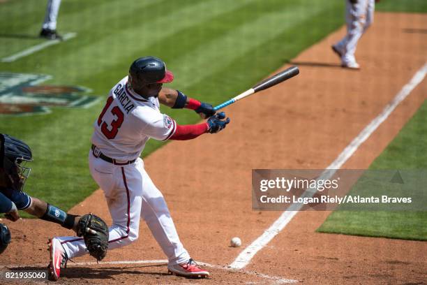 Adonis Garcia of the Atlanta Braves hits against the San Diego Padres at SunTrust Park on April 16, 2017 in Atlanta, Georgia. The Braves won the game...