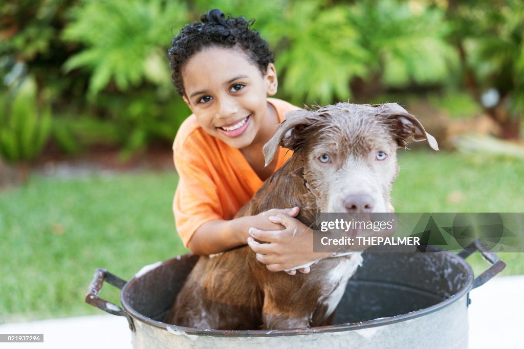 Garçon et son chien de baignade
