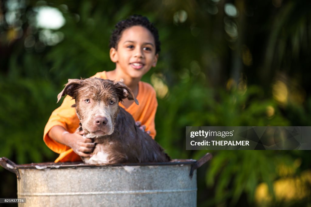 Boy bathing his dog