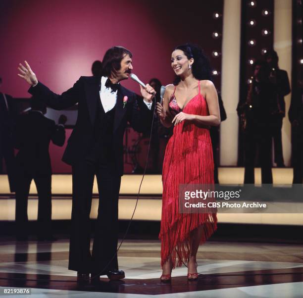 Married American singing and acting duo Sonny Bono and Cher perform together on their television variety show 'The Sonny & Cher Comedy Hour,' 1972.