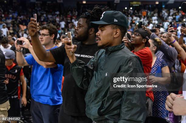 Chance the Rapper waits the entrance of 3's Company player-coach and captain Allen Iverson during a BIG3 Basketball game on July 23 at the UIC...