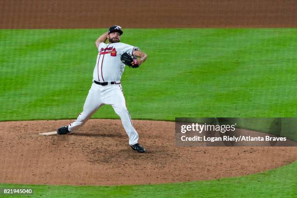 Josh Collmenter of the Atlanta Braves pitchesagainst the Washington Nationals at SunTrust Park on April 19, 2017 in Atlanta, Georgia. The Braves lost...