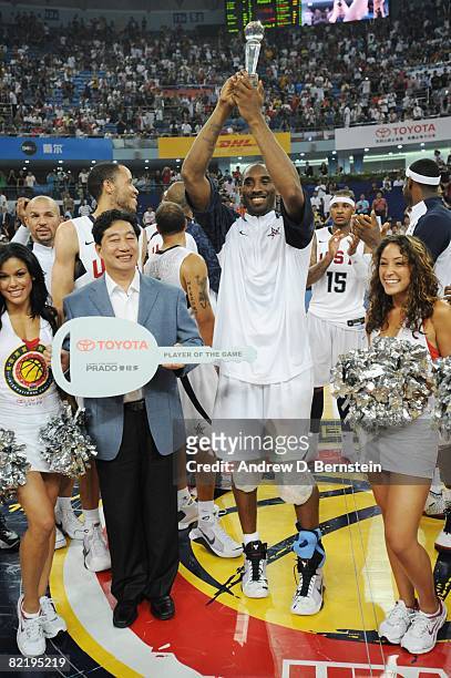 Kobe Bryant of the U.S. Men's Senior National Team receieves the Toyota Player of the Game award after a Pre-Olympic Friendly against the Russia...