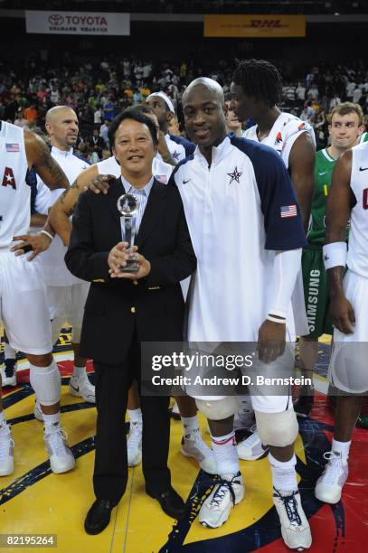 Dwyane Wade of the U.S. Men's Senior National Team receieves the Player of the Game Award after the game against Lithuania on August 1, 2008 at the...