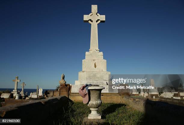 Victor Trumper's grave at Waverley Cemetery on July 25, 2017 in Sydney, Australia. The Australian batsman Victor Thomas Trumper was born on November...