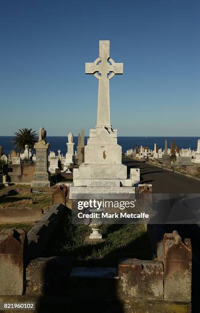 Victor Trumper's grave at Waverley Cemetery on July 25, 2017 in Sydney, Australia. The Australian batsman Victor Thomas Trumper was born on November...