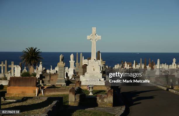 Victor Trumper's grave at Waverley Cemetery on July 25, 2017 in Sydney, Australia. The Australian batsman Victor Thomas Trumper was born on November...