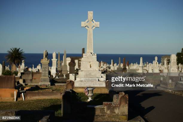 Victor Trumper's grave at Waverley Cemetery on July 25, 2017 in Sydney, Australia. The Australian batsman Victor Thomas Trumper was born on November...
